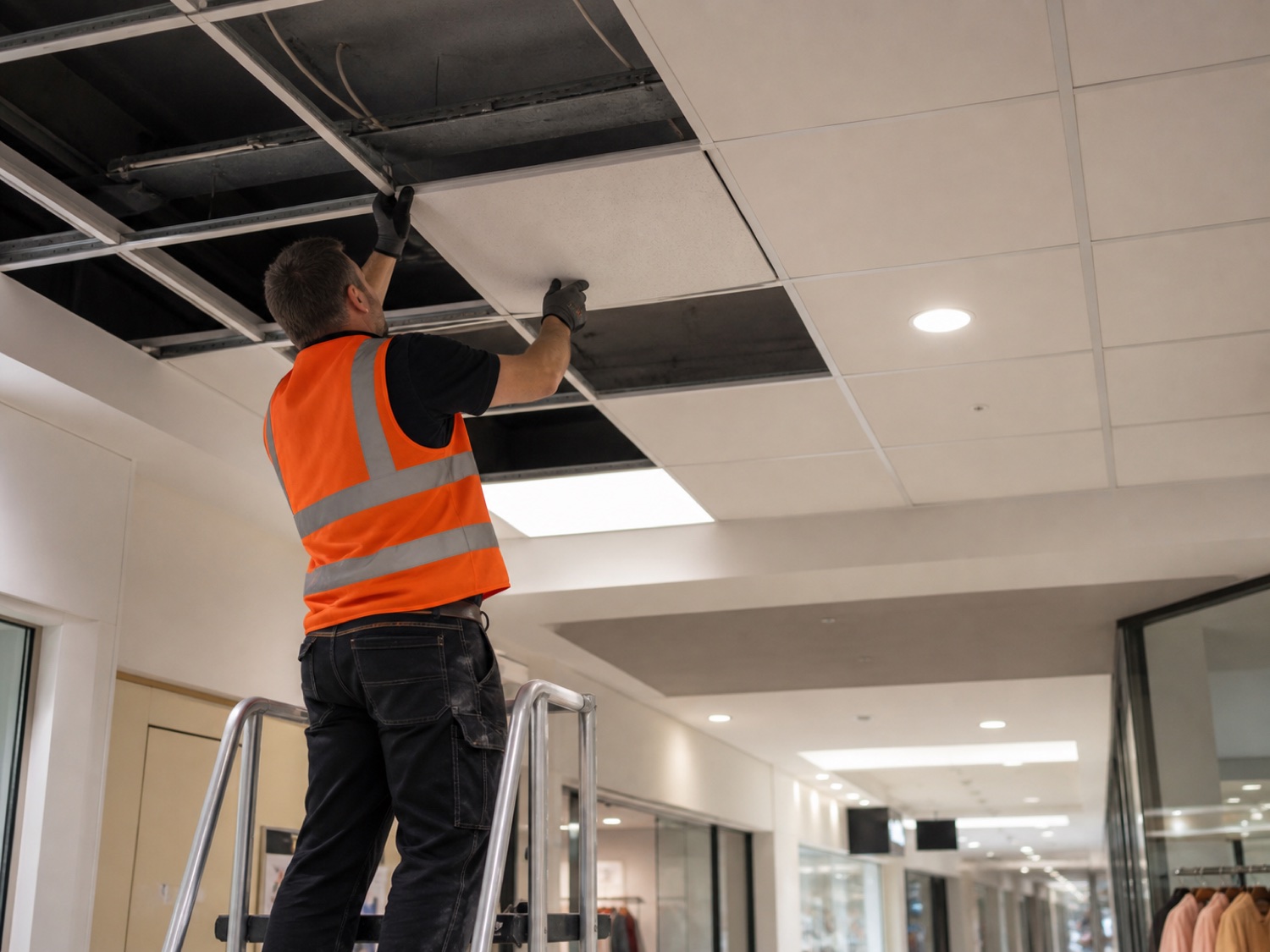 A ceiling fitter replacing a commercial suspended ceiling tile